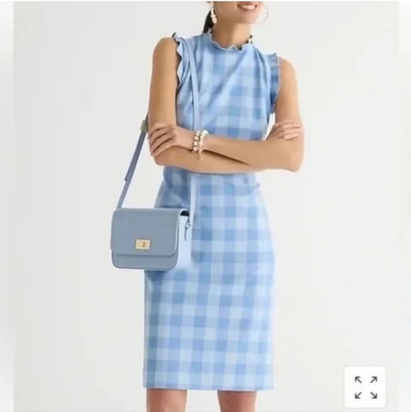 J. Crew Ruffle-trim sheath dress in gingham stretch crepe In Bright Periwinkle - Picture 3 of 13